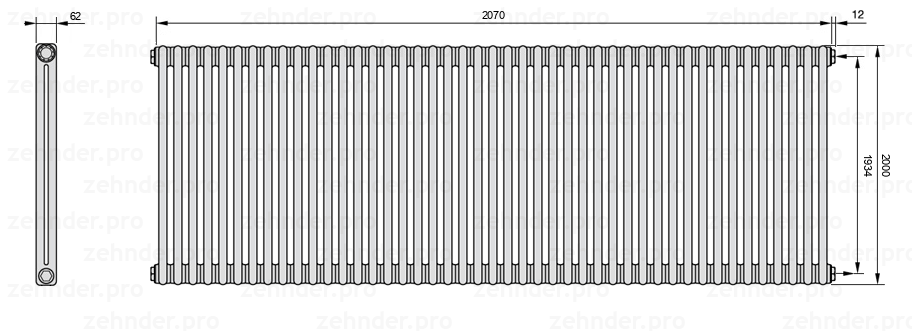 Схема (чертеж) Радиатор Zehnder Charleston 2200/45 №7610 Белый глянцевый RAL 9016